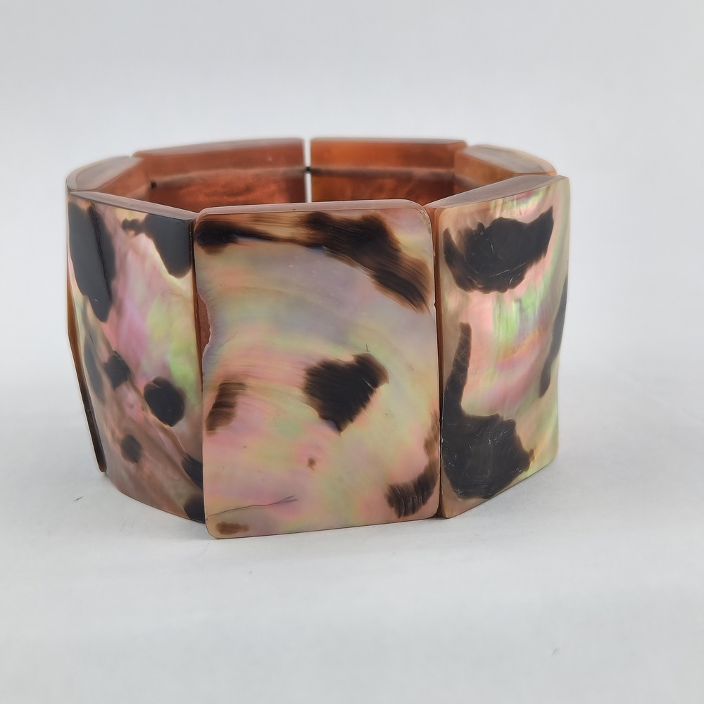 Vintage Mother of Pearl Shell Stretch Cuff Bracelet Iridescent Brown Wide Panel - Picture 4 of 12